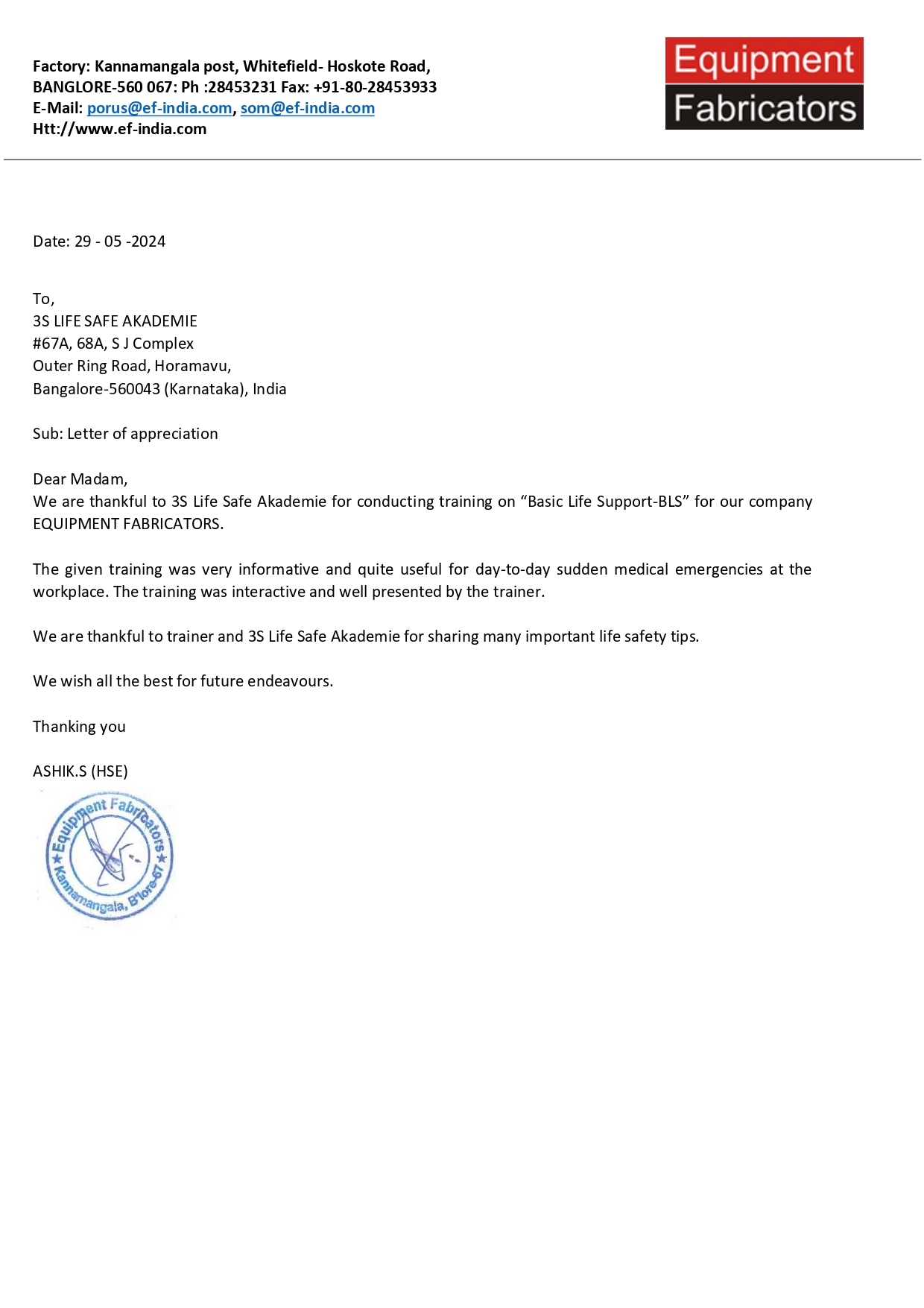 Equipment Fabricator Appreciation Letter